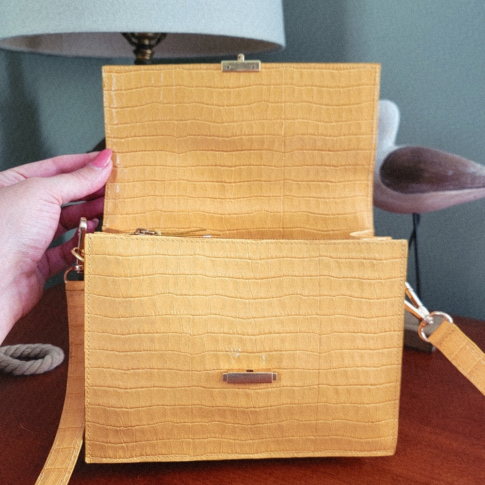 Tusk Reka Italian Leather Croc Embossed Crossbody Shoulder Bag Mustard Yellow - Picture 12 of 16